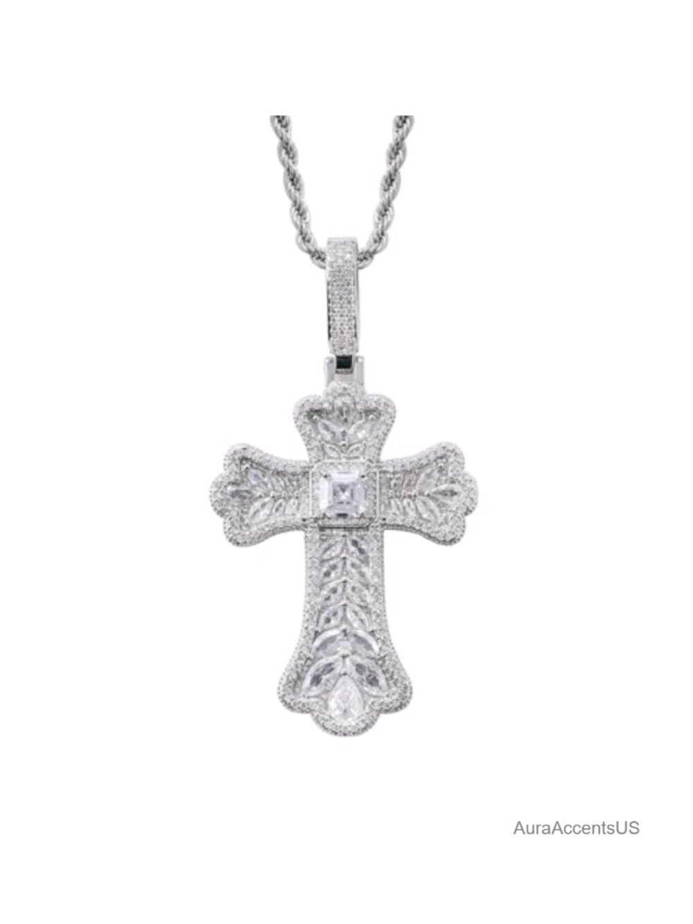 14K Gold Plated Gothic Cross Pendant Necklace 20" Stainless Steel Rope Chain